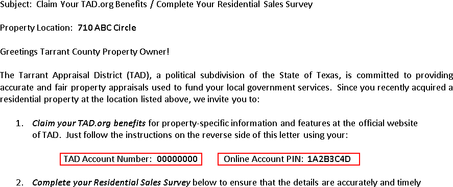 An example Residential Sales Survey Letter